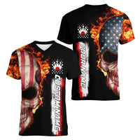 American Flag Skull Design Women V-Neck T-Shirt with Bowling Elements and Fire Background with Custom Team Name Text - Wonder Print Shop