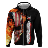 American Flag Skull Design Zip Hoodie with Bowling Elements and Fire Background with Custom Team Name Text - Wonder Print Shop