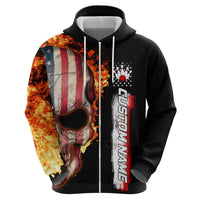 American Flag Skull Design Zip Hoodie with Bowling Elements and Fire Background with Custom Team Name Text - Wonder Print Shop