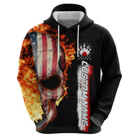 American Flag Skull Design Zip Hoodie with Bowling Elements and Fire Background with Custom Team Name Text - Wonder Print Shop