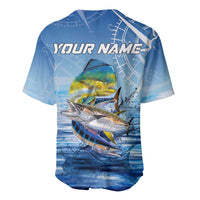 Mahi Mahi and Tuna Fish Baseball Jersey Fishing Ocean Water Background and Nautical Compass Elements - Wonder Print Shop