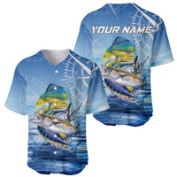 Mahi Mahi and Tuna Fish Baseball Jersey Fishing Ocean Water Background and Nautical Compass Elements - Wonder Print Shop