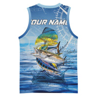 Mahi Mahi and Tuna Fish Basketball Jersey Fishing Ocean Water Background and Nautical Compass Elements - Wonder Print Shop