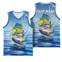 Mahi Mahi and Tuna Fish Basketball Jersey Fishing Ocean Water Background and Nautical Compass Elements - Wonder Print Shop