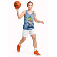 Mahi Mahi and Tuna Fish Basketball Jersey Fishing Ocean Water Background and Nautical Compass Elements - Wonder Print Shop