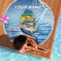 Mahi Mahi and Tuna Fish Beach Blanket Fishing Ocean Water Background and Nautical Compass Elements - Wonder Print Shop