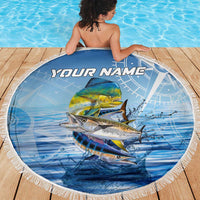 Mahi Mahi and Tuna Fish Beach Blanket Fishing Ocean Water Background and Nautical Compass Elements - Wonder Print Shop