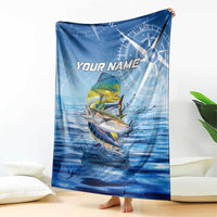 Mahi Mahi and Tuna Fish Blanket Fishing Ocean Water Background and Nautical Compass Elements - Wonder Print Shop