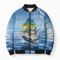 Mahi Mahi and Tuna Fish Bomber Puffer Jacket Fishing Ocean Water Background and Nautical Compass Elements - Wonder Print Shop