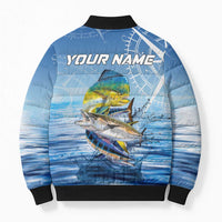 Mahi Mahi and Tuna Fish Bomber Puffer Jacket Fishing Ocean Water Background and Nautical Compass Elements - Wonder Print Shop
