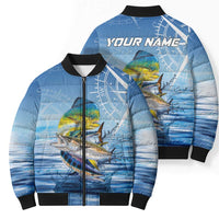 Mahi Mahi and Tuna Fish Bomber Puffer Jacket Fishing Ocean Water Background and Nautical Compass Elements - Wonder Print Shop