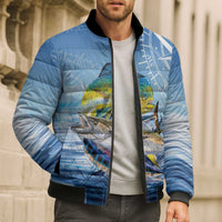 Mahi Mahi and Tuna Fish Bomber Puffer Jacket Fishing Ocean Water Background and Nautical Compass Elements - Wonder Print Shop