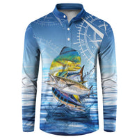 Mahi Mahi and Tuna Fish Button Sweatshirt Fishing Ocean Water Background and Nautical Compass Elements - Wonder Print Shop