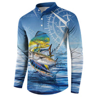 Mahi Mahi and Tuna Fish Button Sweatshirt Fishing Ocean Water Background and Nautical Compass Elements - Wonder Print Shop