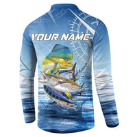 Mahi Mahi and Tuna Fish Button Sweatshirt Fishing Ocean Water Background and Nautical Compass Elements - Wonder Print Shop