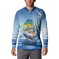 Mahi Mahi and Tuna Fish Button Sweatshirt Fishing Ocean Water Background and Nautical Compass Elements - Wonder Print Shop
