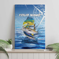 Mahi Mahi and Tuna Fish Canvas Wall Art Fishing Ocean Water Background and Nautical Compass Elements - Wonder Print Shop