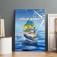 Mahi Mahi and Tuna Fish Canvas Wall Art Fishing Ocean Water Background and Nautical Compass Elements - Wonder Print Shop