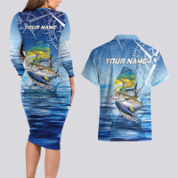 Mahi Mahi and Tuna Fish Couples Matching Long Sleeve Bodycon Dress and Hawaiian Shirt Fishing Ocean Water Background and Nautical Compass Elements - Wonder Print Shop