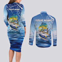 Mahi Mahi and Tuna Fish Couples Matching Long Sleeve Bodycon Dress and Long Sleeve Button Shirt Fishing Ocean Water Background and Nautical Compass Elements - Wonder Print Shop