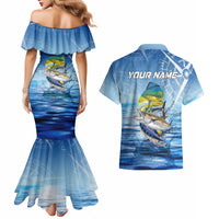 Mahi Mahi and Tuna Fish Couples Matching Mermaid Dress and Hawaiian Shirt Fishing Ocean Water Background and Nautical Compass Elements - Wonder Print Shop