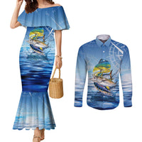 Mahi Mahi and Tuna Fish Couples Matching Mermaid Dress and Long Sleeve Button Shirt Fishing Ocean Water Background and Nautical Compass Elements - Wonder Print Shop