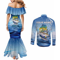 Mahi Mahi and Tuna Fish Couples Matching Mermaid Dress and Long Sleeve Button Shirt Fishing Ocean Water Background and Nautical Compass Elements - Wonder Print Shop