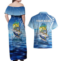 Mahi Mahi and Tuna Fish Couples Matching Off Shoulder Maxi Dress and Hawaiian Shirt Fishing Ocean Water Background and Nautical Compass Elements - Wonder Print Shop