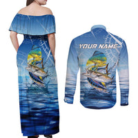 Mahi Mahi and Tuna Fish Couples Matching Off Shoulder Maxi Dress and Long Sleeve Button Shirt Fishing Ocean Water Background and Nautical Compass Elements - Wonder Print Shop