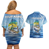 Mahi Mahi and Tuna Fish Couples Matching Off Shoulder Short Dress and Hawaiian Shirt Fishing Ocean Water Background and Nautical Compass Elements - Wonder Print Shop