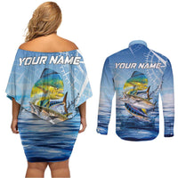 Mahi Mahi and Tuna Fish Couples Matching Off Shoulder Short Dress and Long Sleeve Button Shirt Fishing Ocean Water Background and Nautical Compass Elements - Wonder Print Shop