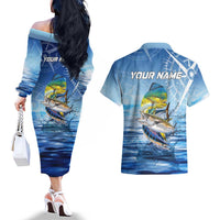 Mahi Mahi and Tuna Fish Couples Matching Off The Shoulder Long Sleeve Dress and Hawaiian Shirt Fishing Ocean Water Background and Nautical Compass Elements - Wonder Print Shop
