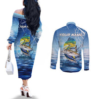 Mahi Mahi and Tuna Fish Couples Matching Off The Shoulder Long Sleeve Dress and Long Sleeve Button Shirt Fishing Ocean Water Background and Nautical Compass Elements - Wonder Print Shop