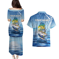 Mahi Mahi and Tuna Fish Couples Matching Puletasi and Hawaiian Shirt Fishing Ocean Water Background and Nautical Compass Elements - Wonder Print Shop