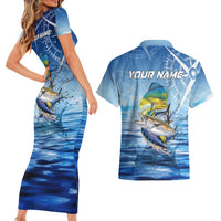 Mahi Mahi and Tuna Fish Couples Matching Short Sleeve Bodycon Dress and Hawaiian Shirt Fishing Ocean Water Background and Nautical Compass Elements - Wonder Print Shop