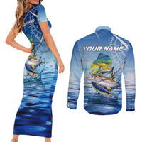 Mahi Mahi and Tuna Fish Couples Matching Short Sleeve Bodycon Dress and Long Sleeve Button Shirt Fishing Ocean Water Background and Nautical Compass Elements - Wonder Print Shop