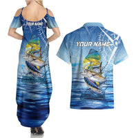 Mahi Mahi and Tuna Fish Couples Matching Summer Maxi Dress and Hawaiian Shirt Fishing Ocean Water Background and Nautical Compass Elements - Wonder Print Shop
