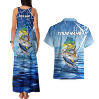 Mahi Mahi and Tuna Fish Couples Matching Tank Maxi Dress and Hawaiian Shirt Fishing Ocean Water Background and Nautical Compass Elements - Wonder Print Shop