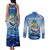 Mahi Mahi and Tuna Fish Couples Matching Tank Maxi Dress and Long Sleeve Button Shirt Fishing Ocean Water Background and Nautical Compass Elements - Wonder Print Shop