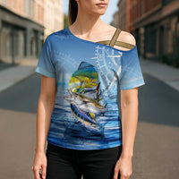 Mahi Mahi and Tuna Fish Cross Shoulder Shirt Fishing Ocean Water Background and Nautical Compass Elements - Wonder Print Shop