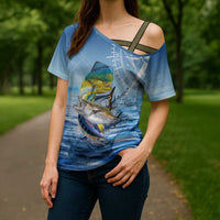 Mahi Mahi and Tuna Fish Cross Shoulder Shirt Fishing Ocean Water Background and Nautical Compass Elements - Wonder Print Shop