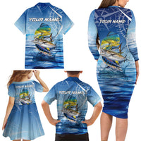 Mahi Mahi and Tuna Fish Family Matching Long Sleeve Bodycon Dress and Hawaiian Shirt Fishing Ocean Water Background and Nautical Compass Elements - Wonder Print Shop