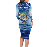 Mahi Mahi and Tuna Fish Family Matching Long Sleeve Bodycon Dress and Hawaiian Shirt Fishing Ocean Water Background and Nautical Compass Elements - Wonder Print Shop