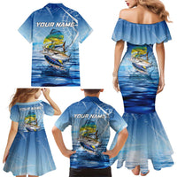 Mahi Mahi and Tuna Fish Family Matching Mermaid Dress and Hawaiian Shirt Fishing Ocean Water Background and Nautical Compass Elements - Wonder Print Shop