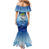 Mahi Mahi and Tuna Fish Family Matching Mermaid Dress and Hawaiian Shirt Fishing Ocean Water Background and Nautical Compass Elements - Wonder Print Shop