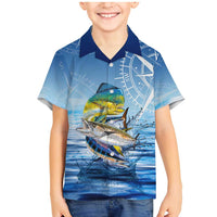 Mahi Mahi and Tuna Fish Family Matching Mermaid Dress and Hawaiian Shirt Fishing Ocean Water Background and Nautical Compass Elements - Wonder Print Shop