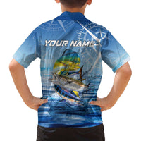 Mahi Mahi and Tuna Fish Family Matching Off The Shoulder Long Sleeve Dress and Hawaiian Shirt Fishing Ocean Water Background and Nautical Compass Elements - Wonder Print Shop
