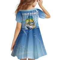 Mahi Mahi and Tuna Fish Family Matching Off The Shoulder Long Sleeve Dress and Hawaiian Shirt Fishing Ocean Water Background and Nautical Compass Elements - Wonder Print Shop