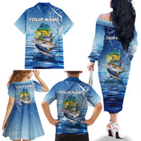 Mahi Mahi and Tuna Fish Family Matching Off The Shoulder Long Sleeve Dress and Hawaiian Shirt Fishing Ocean Water Background and Nautical Compass Elements - Wonder Print Shop