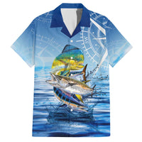 Mahi Mahi and Tuna Fish Family Matching Off The Shoulder Long Sleeve Dress and Hawaiian Shirt Fishing Ocean Water Background and Nautical Compass Elements - Wonder Print Shop